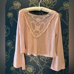 MINE cotton LACE burnout LONG SLEEVE pink CROP burnout top SHEER size large